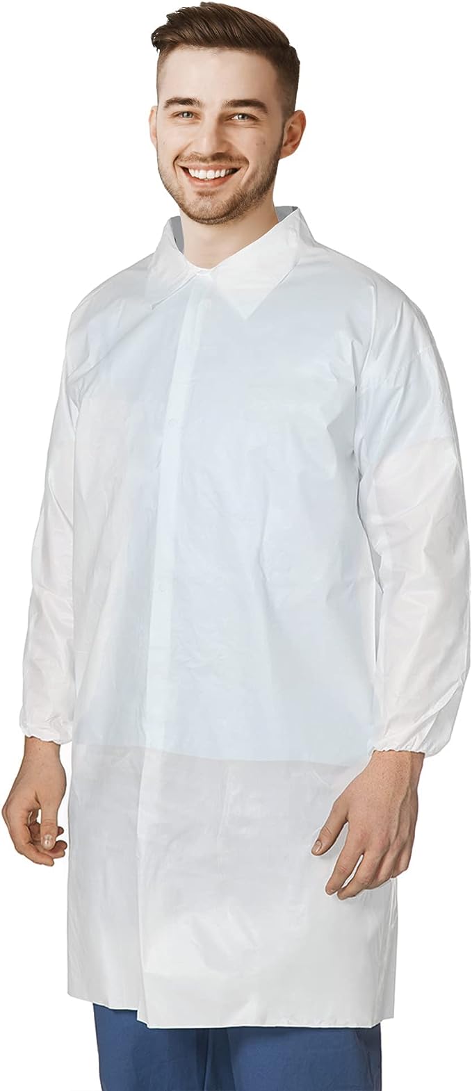 Polypropylene Lab Coat
40 Gram White Collar No 
Pockets Elastic Wrist 44&#39;&#39; 
Length 5 Snaps 10 EA/Bag  30 
EA/Case