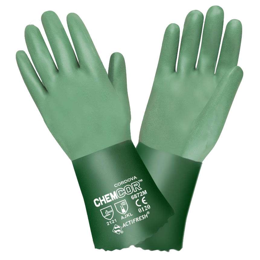 CHEM-COR GREEN DOUBLE DIPPED
NEOPRENE, SANDPAPER GRIP,
INTERLOCK LINED, 12-INCH (XL)