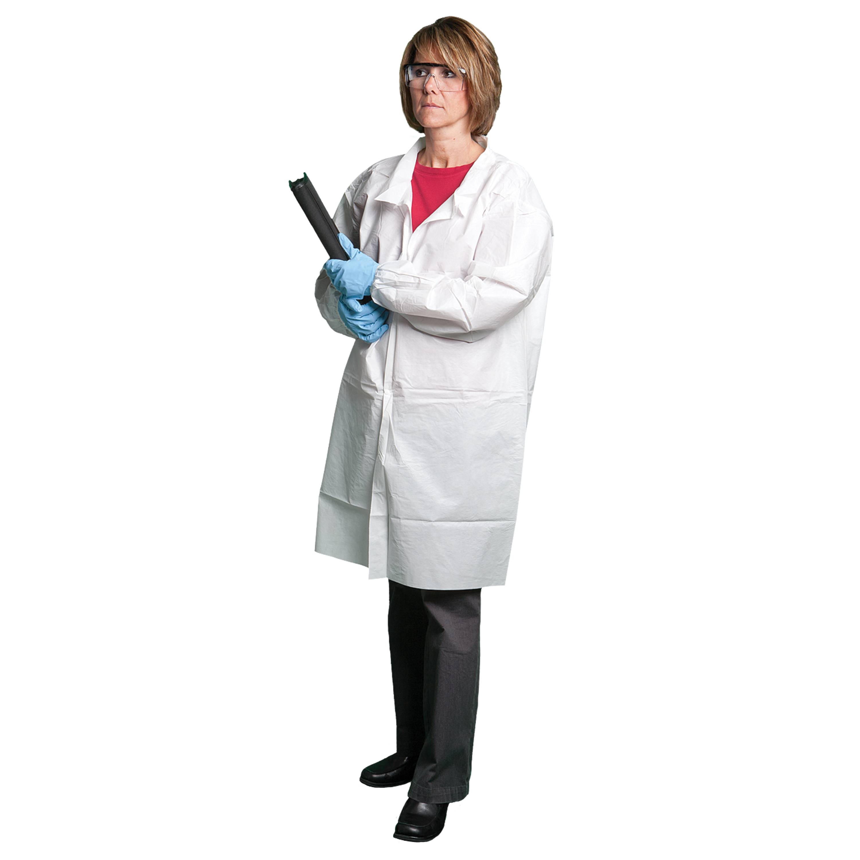 PolyLite (Polypropylene) 
Lab coat Snap Front No Pockets 
Long Sleeve Open Wrists, 
White, MEDIUM 30/CASE