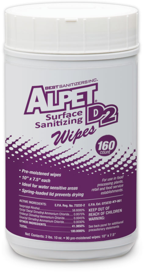 Alpet D2 Surface Sanitizing
Wipes 6x160 Count Canisters 
50/CASES PLT